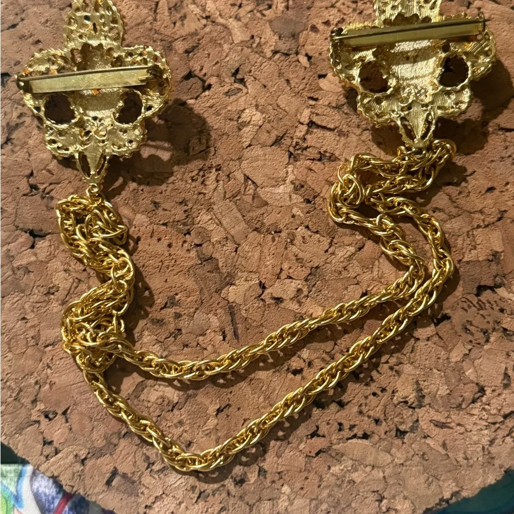 Vintage double pin with chain gold tone, and rhinestone Baroque Royal Look Pins